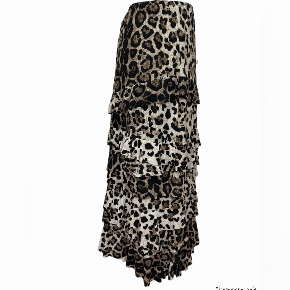 Coco Bianco Leopard Print Tiered Ruffle Maxi Skirt Women’s Small Pull-On - Picture 4 of 6